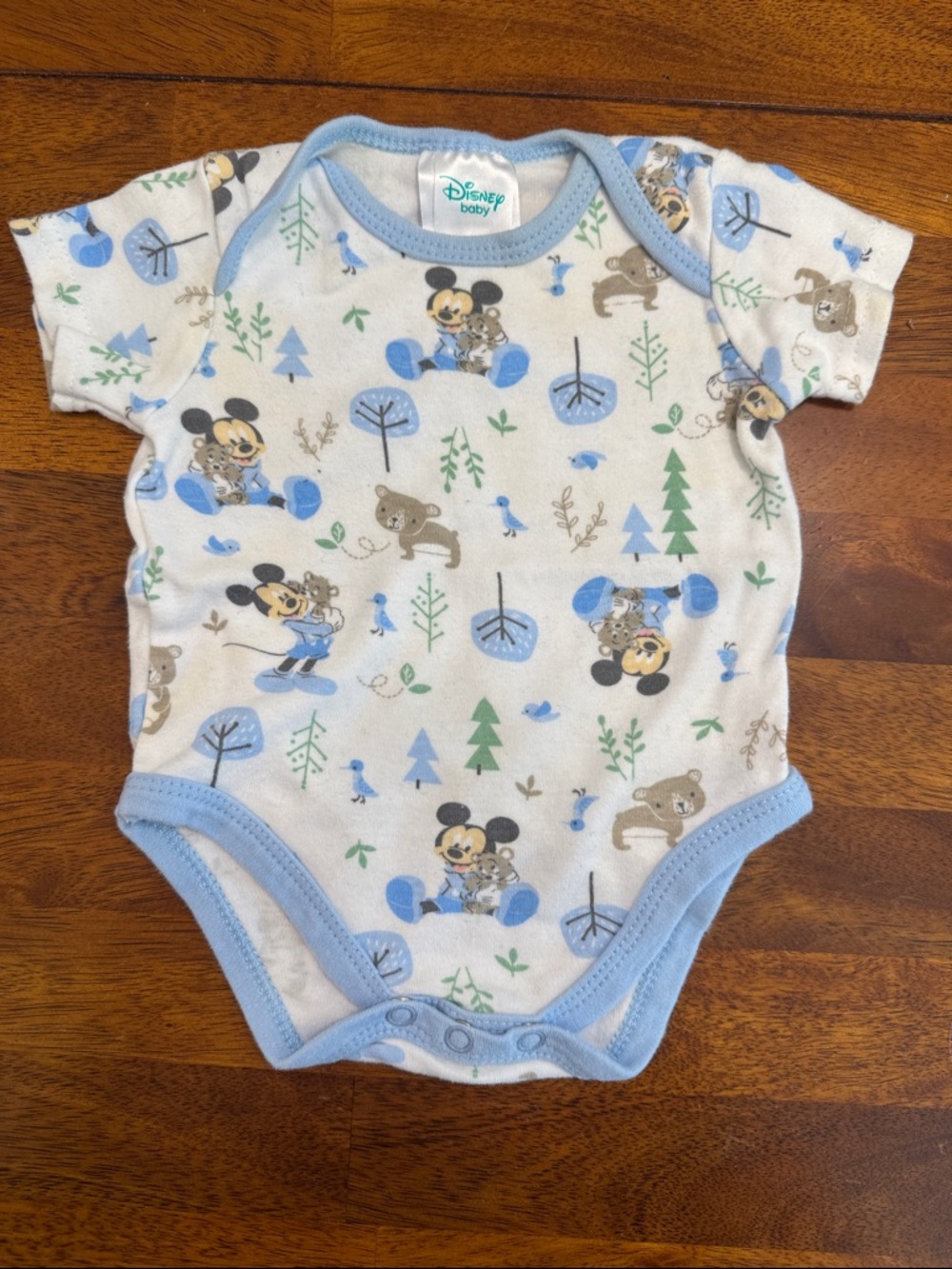 Disney Baby White and Light Blue Mickey Mouse Forest Print Bodysuit